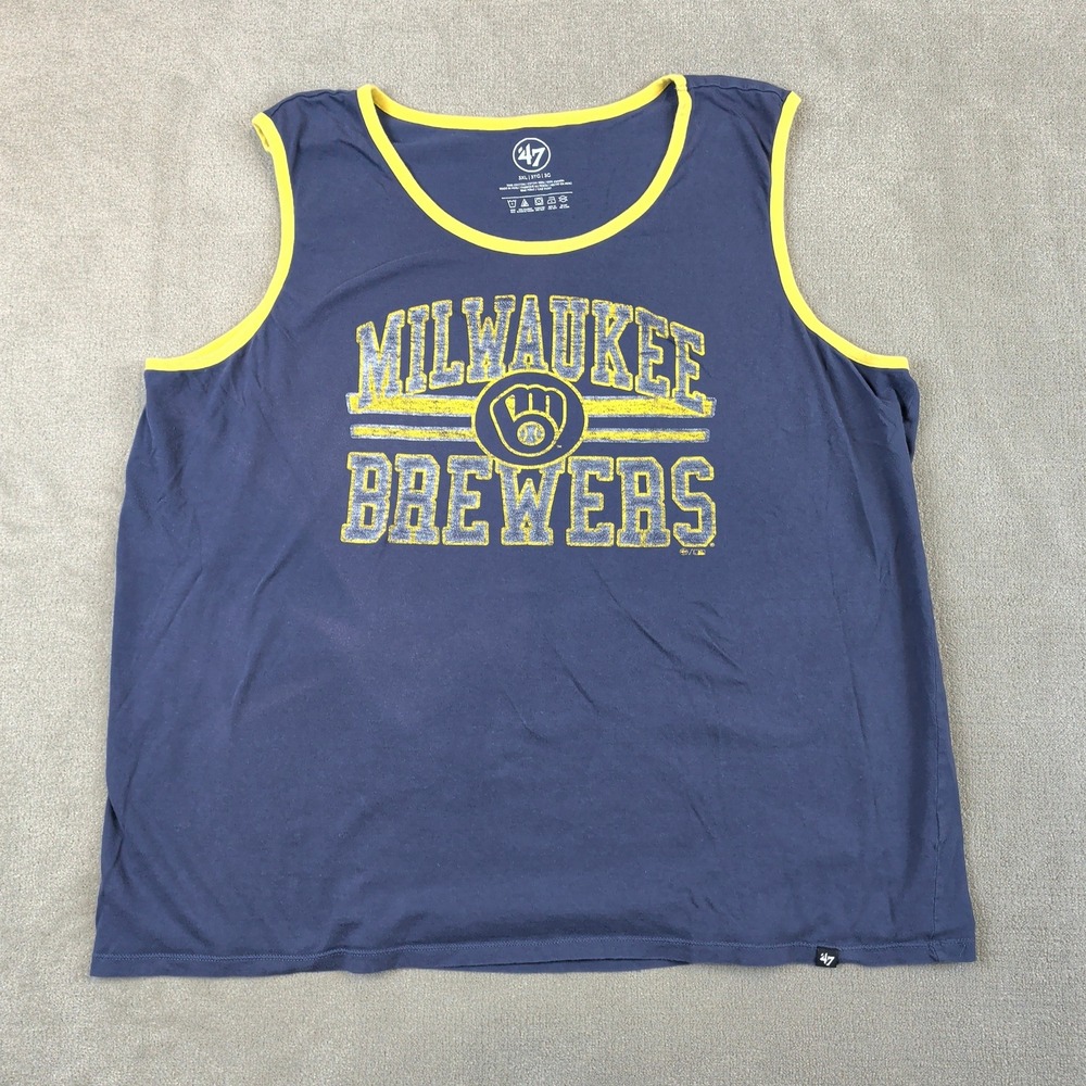 47 Brand Milwaukee Brewers Tank Top Mens 3XL Navy Blue Cotton Distressed Logo